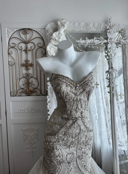 Attractive Strapless Wedding Dress Beading Tulle Mermaid Bridal Dress GG7398
