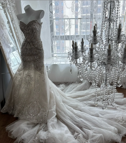 Attractive Strapless Wedding Dress Beading Tulle Mermaid Bridal Dress GG7398