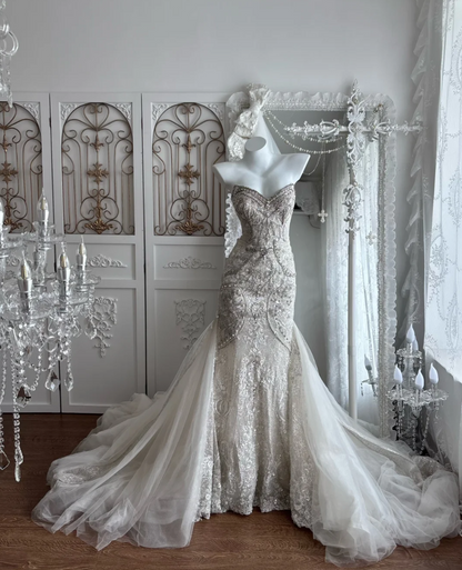 Attractive Strapless Wedding Dress Beading Tulle Mermaid Bridal Dress GG7398