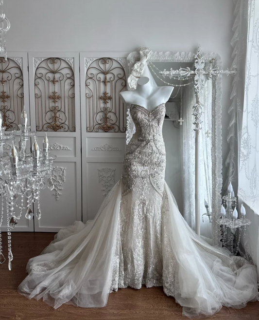 Attractive Strapless Wedding Dress Beading Tulle Mermaid Bridal Dress GG7398