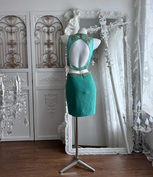 Retro Jewel Neck Beaded Homecoming Dress Green 2-Piece Sheath Birthday Dress GG7399