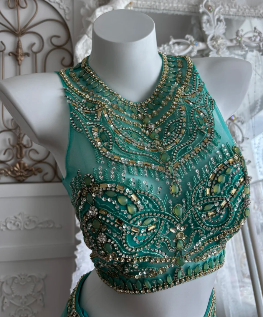 Retro Jewel Neck Beaded Homecoming Dress Green 2-Piece Sheath Birthday Dress GG7399