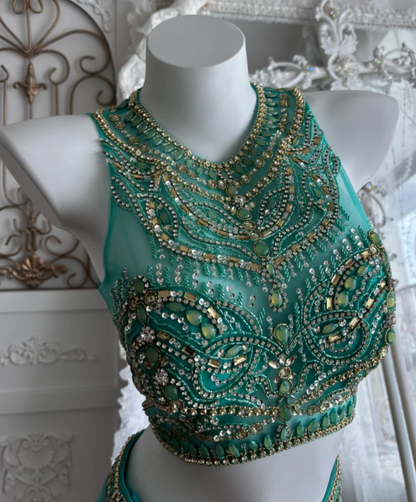 Retro Jewel Neck Beaded Homecoming Dress Green 2-Piece Sheath Birthday Dress GG7399