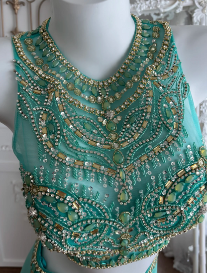 Retro Jewel Neck Beaded Homecoming Dress Green 2-Piece Sheath Birthday Dress GG7399