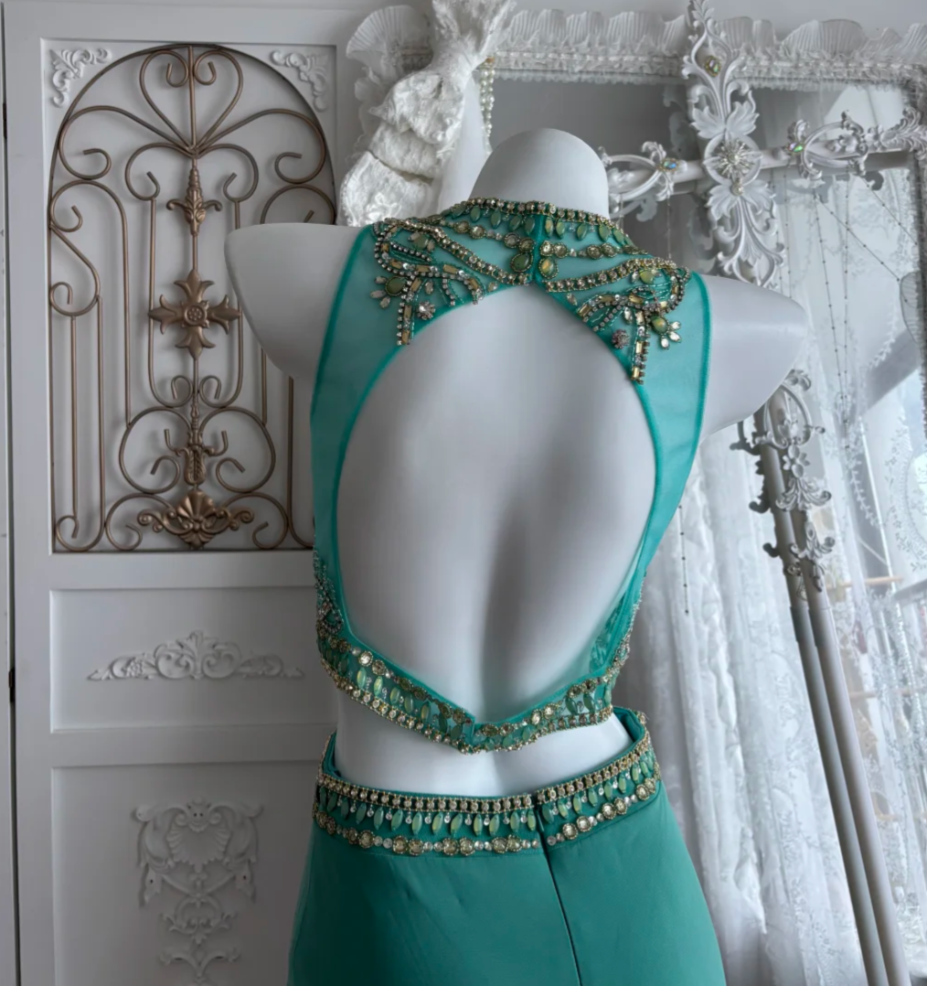 Retro Jewel Neck Beaded Homecoming Dress Green 2-Piece Sheath Birthday Dress GG7399