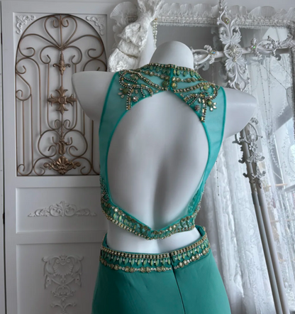 Retro Jewel Neck Beaded Homecoming Dress Green 2-Piece Sheath Birthday Dress GG7399