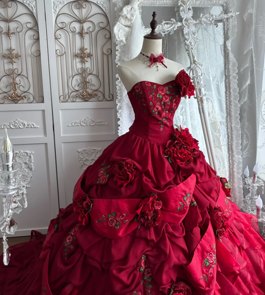 Sleek Strapless Red Prom Dress Ruffles Sequins Floral A-Line Evening Dress GG7400