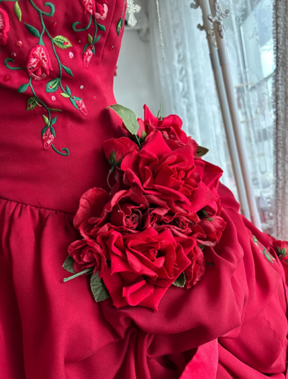 Sleek Strapless Red Prom Dress Ruffles Sequins Floral A-Line Evening Dress GG7400