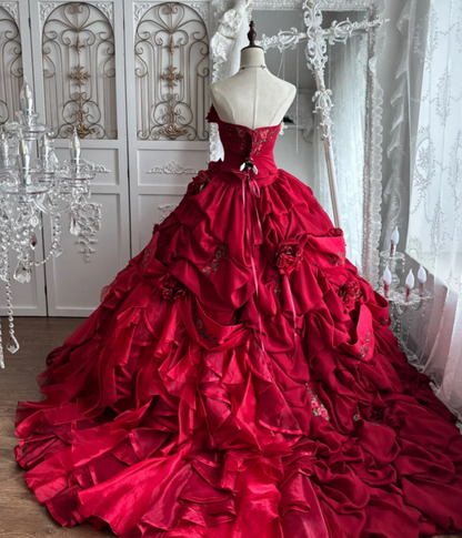 Sleek Strapless Red Prom Dress Ruffles Sequins Floral A-Line Evening Dress GG7400