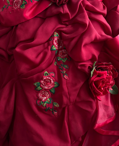 Sleek Strapless Red Prom Dress Ruffles Sequins Floral A-Line Evening Dress GG7400