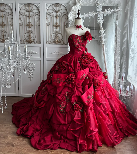 Sleek Strapless Red Prom Dress Ruffles Sequins Floral A-Line Evening Dress GG7400