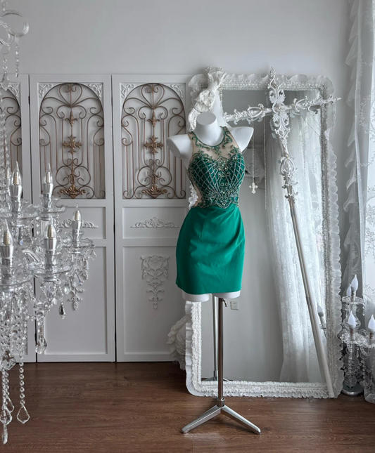 Classical Jewel Neck Beaded Homecoming Dress Green Backless Sheath Birthday Dress GG7402