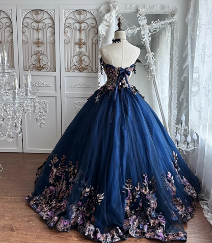 Vintage Strapless Blue Prom Dress Appliques Sequins Tulle A-Line Evening Dress GG7405
