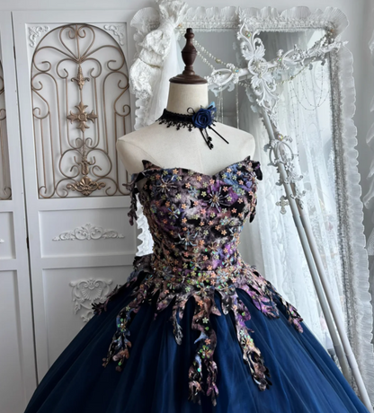 Vintage Strapless Blue Prom Dress Appliques Sequins Tulle A-Line Evening Dress GG7405