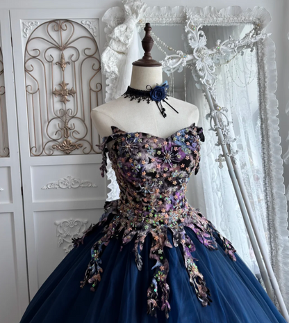 Vintage Strapless Blue Prom Dress Appliques Sequins Tulle A-Line Evening Dress GG7405