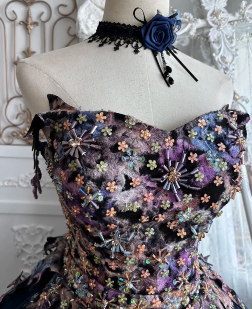 Vintage Strapless Blue Prom Dress Appliques Sequins Tulle A-Line Evening Dress GG7405