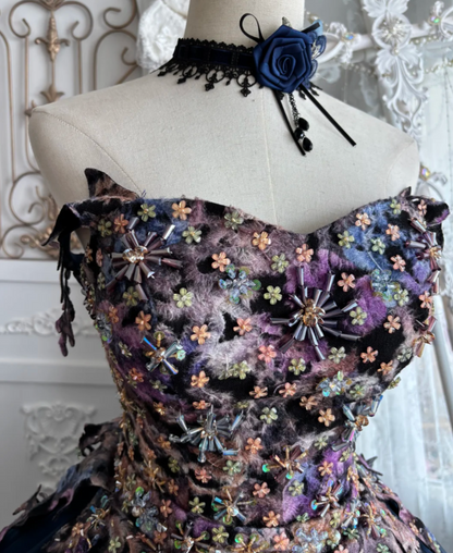 Vintage Strapless Blue Prom Dress Appliques Sequins Tulle A-Line Evening Dress GG7405
