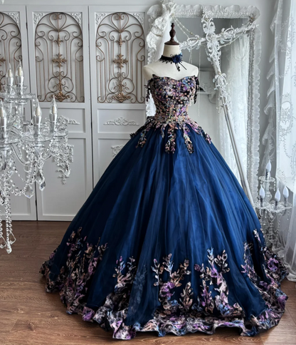 Vintage Strapless Blue Prom Dress Appliques Sequins Tulle A-Line Evening Dress GG7405