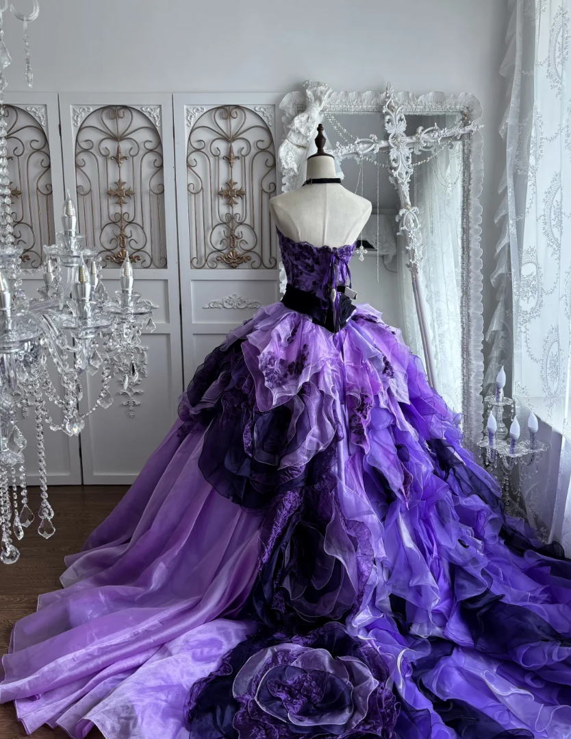 Classical Strapless Purple Prom Dress Appliques Sequins A-Line Evening Dress GG7406