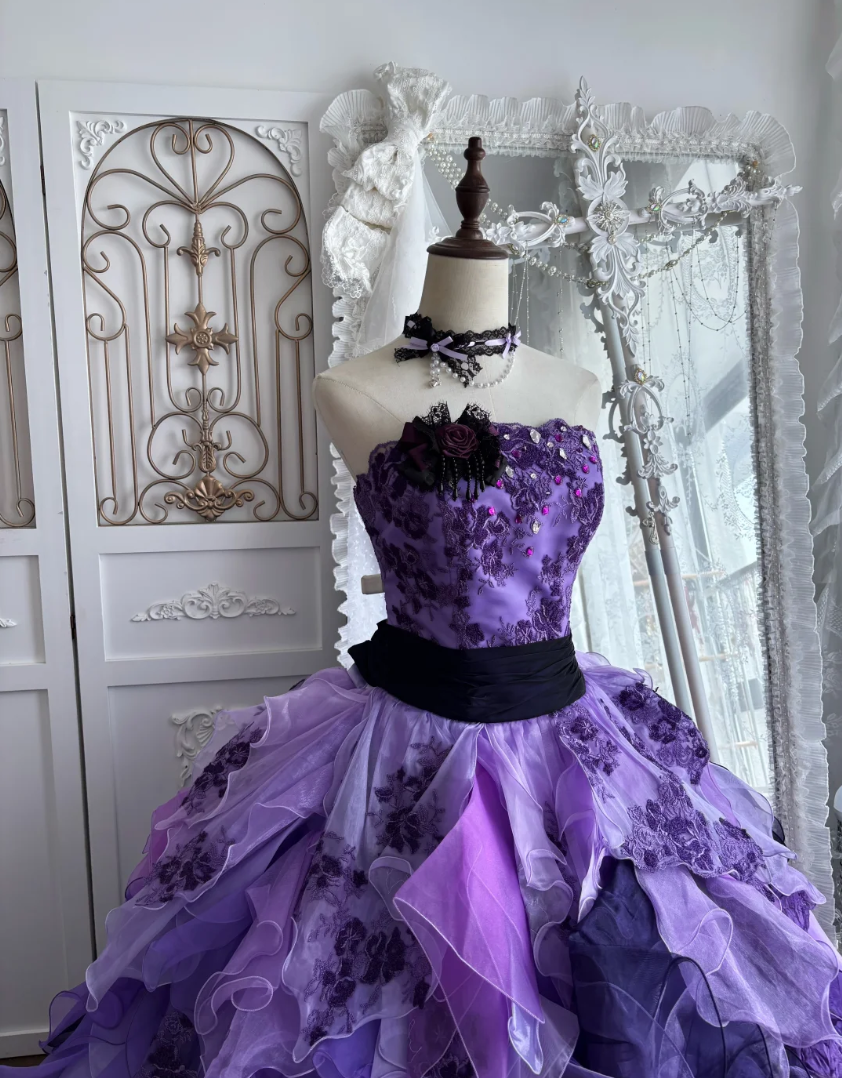 Classical Strapless Purple Prom Dress Appliques Sequins A-Line Evening Dress GG7406