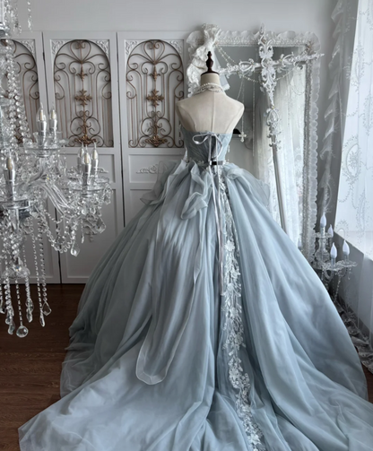Trendy Strapless Blue Prom Dress Appliques Tulle A-Line Evening Dress GG7407