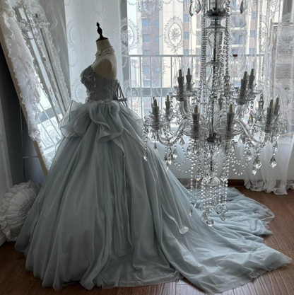 Trendy Strapless Blue Prom Dress Appliques Tulle A-Line Evening Dress GG7407