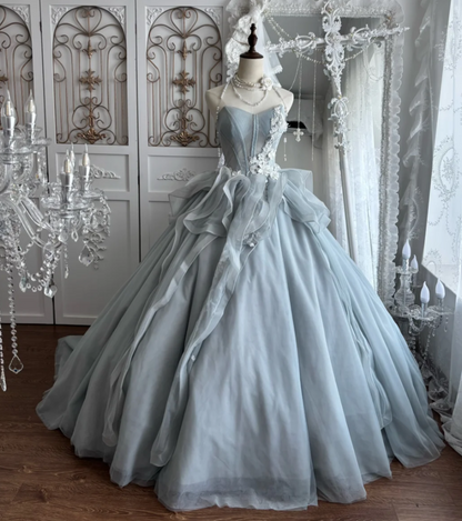 Trendy Strapless Blue Prom Dress Appliques Tulle A-Line Evening Dress GG7407