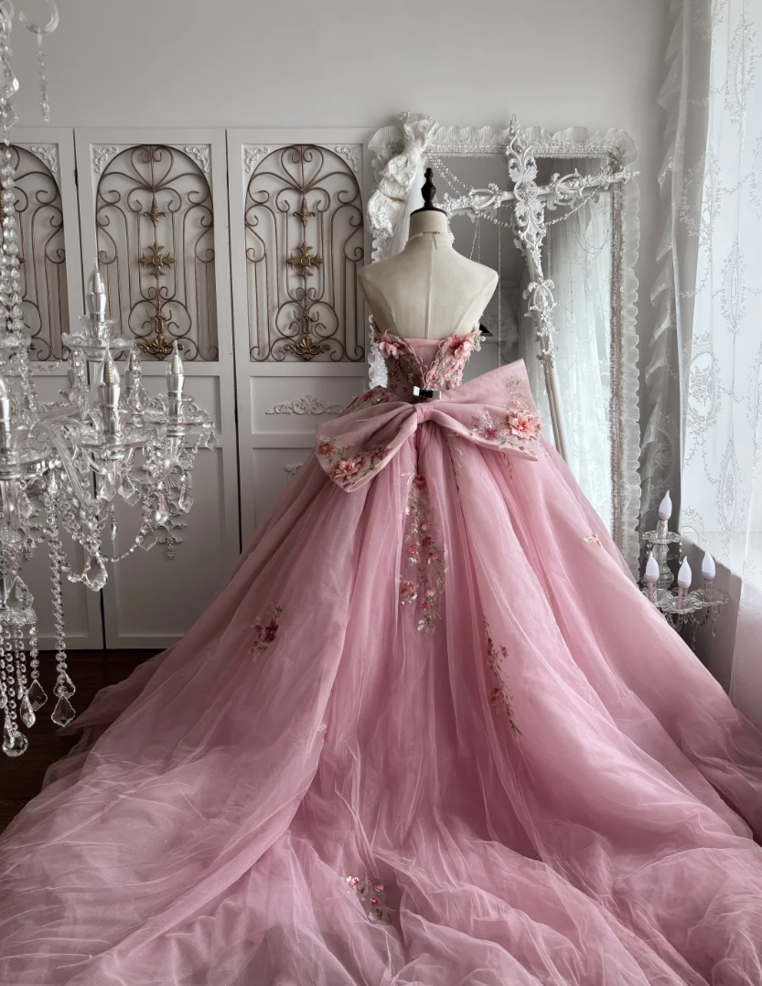 Adorable Strapless Pink Prom Dress Appliques Sequins A-Line Evening Dress GG7408