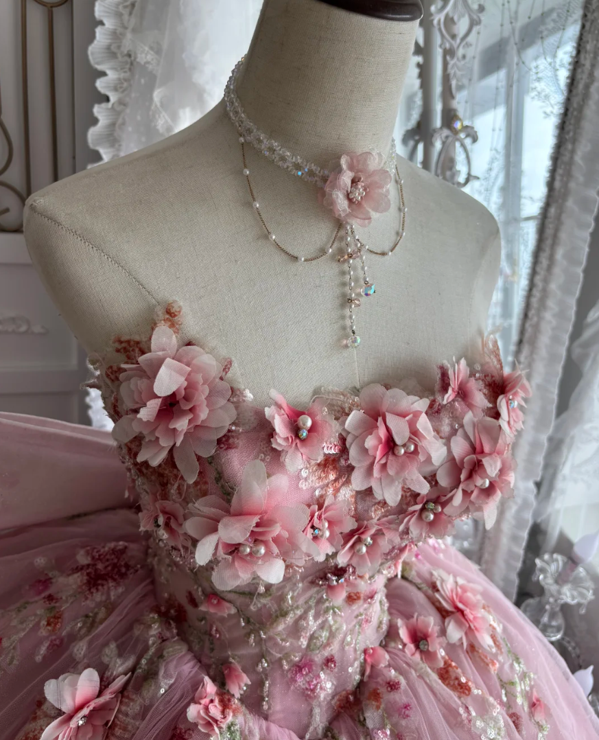 Adorable Strapless Pink Prom Dress Appliques Sequins A-Line Evening Dress GG7408