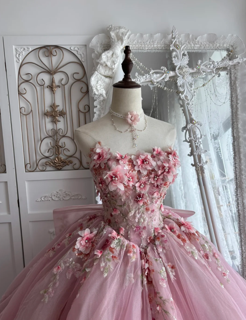 Adorable Strapless Pink Prom Dress Appliques Sequins A-Line Evening Dress GG7408