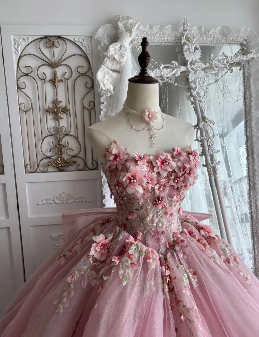 Adorable Strapless Pink Prom Dress Appliques Sequins A-Line Evening Dress GG7408