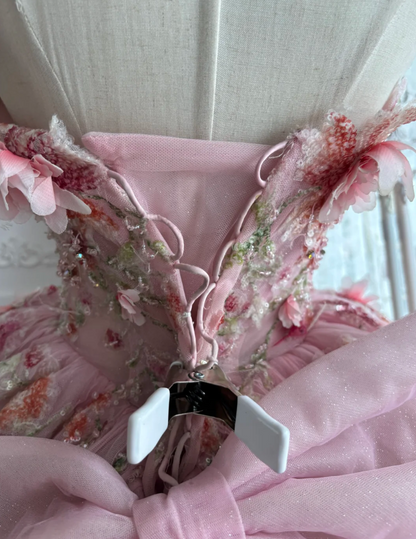 Adorable Strapless Pink Prom Dress Appliques Sequins A-Line Evening Dress GG7408