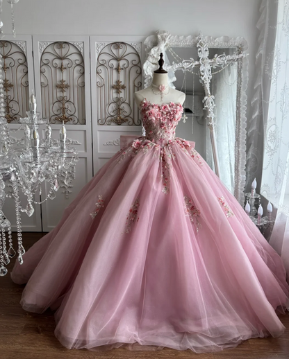 Adorable Strapless Pink Prom Dress Appliques Sequins A-Line Evening Dress GG7408