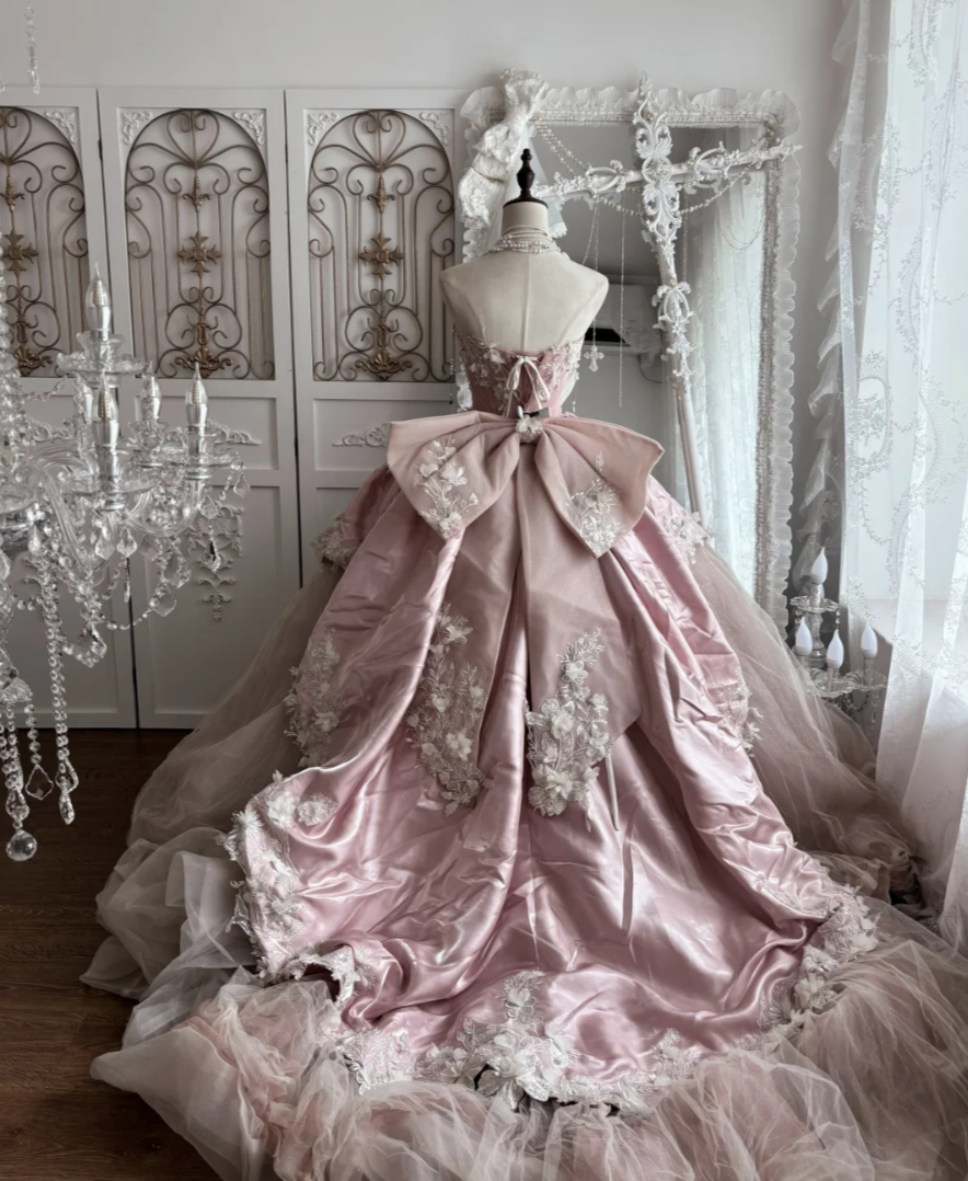 Glam Strapless Pink Prom Dress Appliques Beads A-Line Evening Dress GG7409