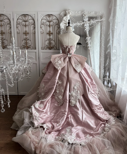 Glam Strapless Pink Prom Dress Appliques Beads A-Line Evening Dress GG7409