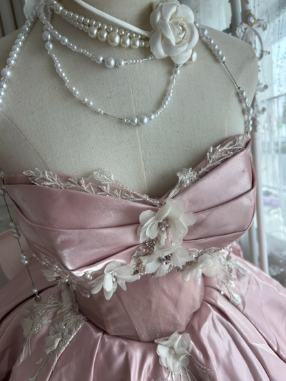 Glam Strapless Pink Prom Dress Appliques Beads A-Line Evening Dress GG7409