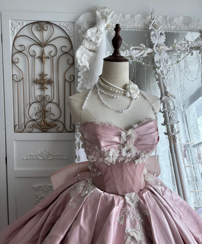Glam Strapless Pink Prom Dress Appliques Beads A-Line Evening Dress GG7409