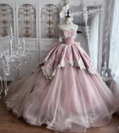 Glam Strapless Pink Prom Dress Appliques Beads A-Line Evening Dress GG7409