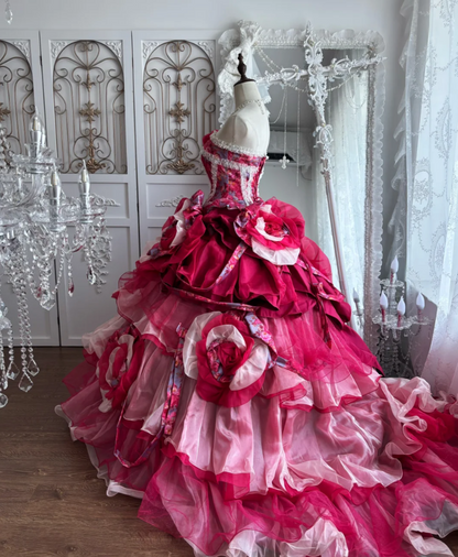 Y2K Strapless Pink Prom Dress Handmade Flowers Tiered A-Line Evening Dress GG7411