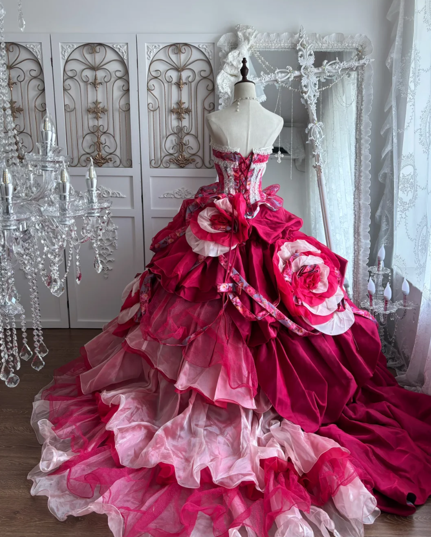 Y2K Strapless Pink Prom Dress Handmade Flowers Tiered A-Line Evening Dress GG7411