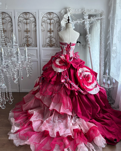 Y2K Strapless Pink Prom Dress Handmade Flowers Tiered A-Line Evening Dress GG7411