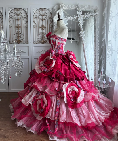 Y2K Strapless Pink Prom Dress Handmade Flowers Tiered A-Line Evening Dress GG7411