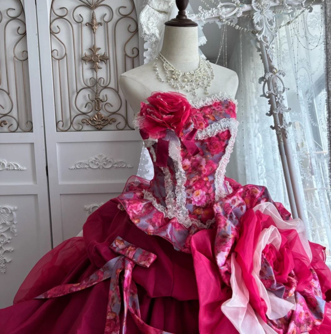 Y2K Strapless Pink Prom Dress Handmade Flowers Tiered A-Line Evening Dress GG7411
