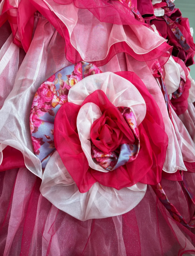 Y2K Strapless Pink Prom Dress Handmade Flowers Tiered A-Line Evening Dress GG7411