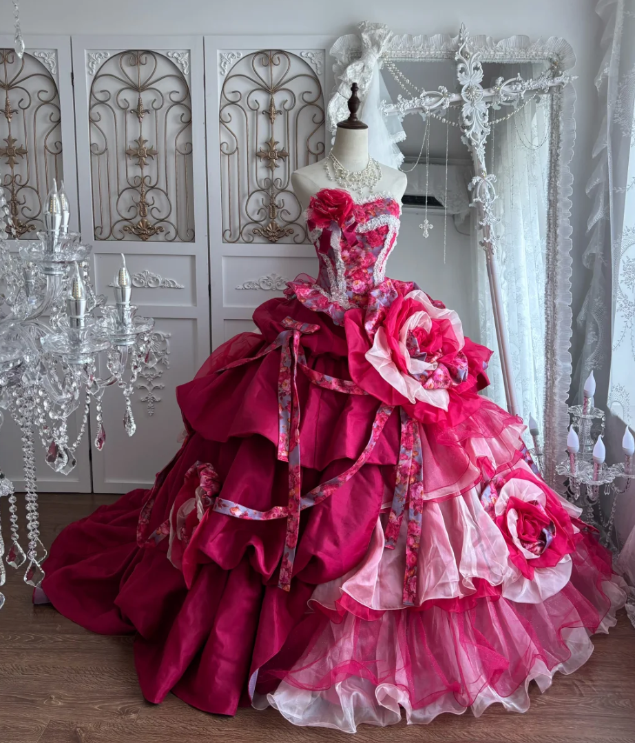 Y2K Strapless Pink Prom Dress Handmade Flowers Tiered A-Line Evening Dress GG7411