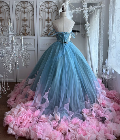 Unique Off-Shoulder Blue Prom Dress Appliques Tulle Sequins A-Line Evening Dress GG7412