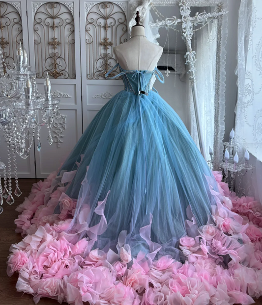 Unique Off-Shoulder Blue Prom Dress Appliques Tulle Sequins A-Line Evening Dress GG7412