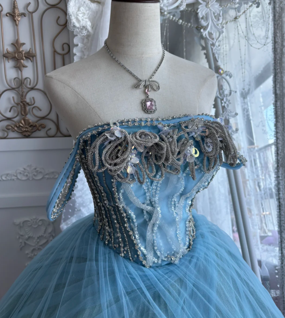 Unique Off-Shoulder Blue Prom Dress Appliques Tulle Sequins A-Line Evening Dress GG7412