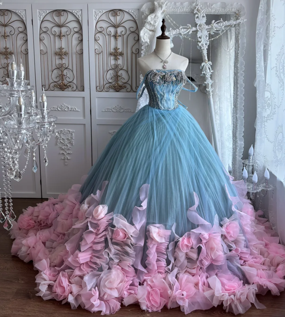 Unique Off-Shoulder Blue Prom Dress Appliques Tulle Sequins A-Line Evening Dress GG7412