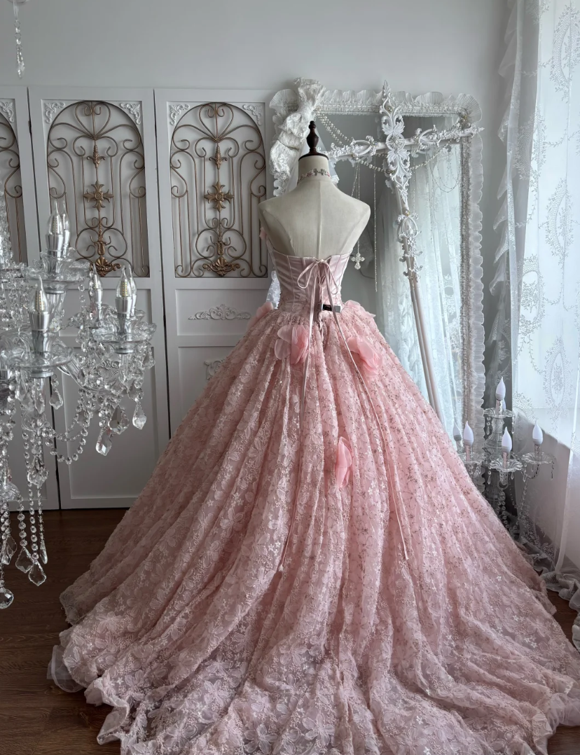 Charming Strapless Pink Prom Dress 3D Flowers A-Line Evening Dress GG7414
